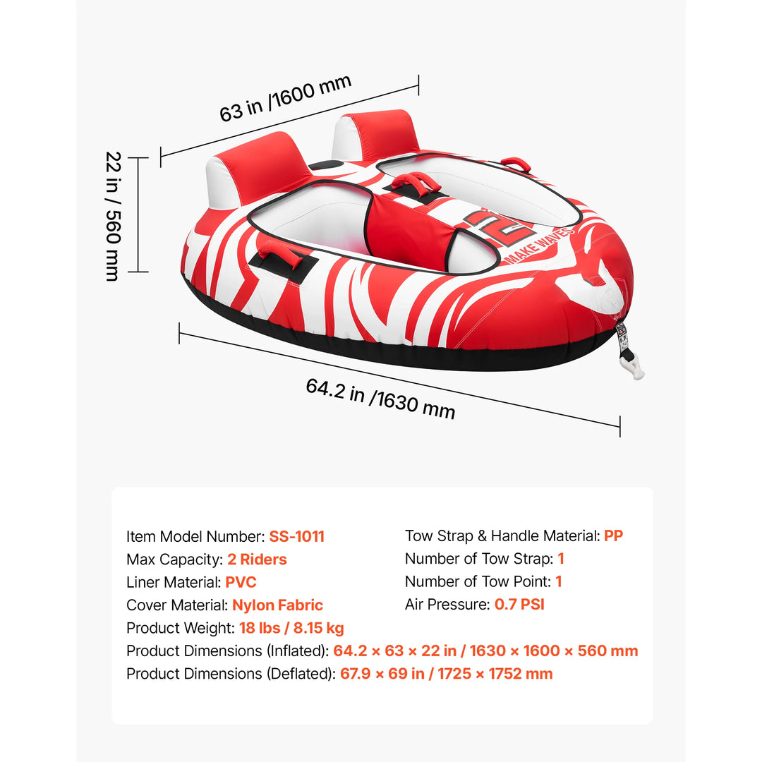 VEVOR Flotador de Arrastre Inflable para Deportes Acuáticos 163 x 160 x 56 cm, Flotador Remolcable para 2 Personas, Capacidad de 154 kg, con Dos Cabinas, Cubierta de Nailon, Asas Acolchadas, Rojo