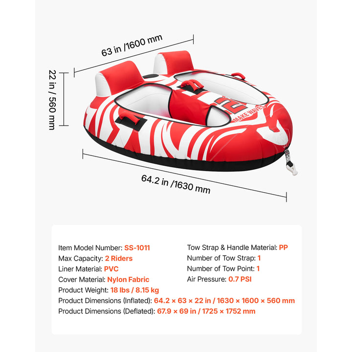 VEVOR Flotador de Arrastre Inflable para Deportes Acuáticos 163 x 160 x 56 cm, Flotador Remolcable para 2 Personas, Capacidad de 154 kg, con Dos Cabinas, Cubierta de Nailon, Asas Acolchadas, Rojo