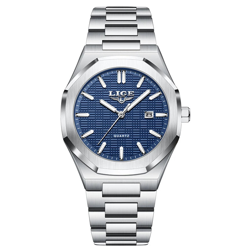 LIGE Luxury Man Wristwatch Waterproof Luminous Date Watch For Men Stainless Steel Men's Watches Quartz Male Clock Sport+Box