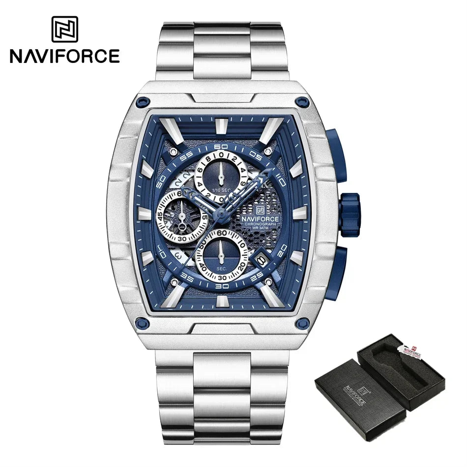 Reloj de cuarzo con cronógrafo para hombre NAVIFORCE, moderno, deportivo, para exteriores, para viajes, original, regalo para hombre, nuevo estilo, diseño Tonneau