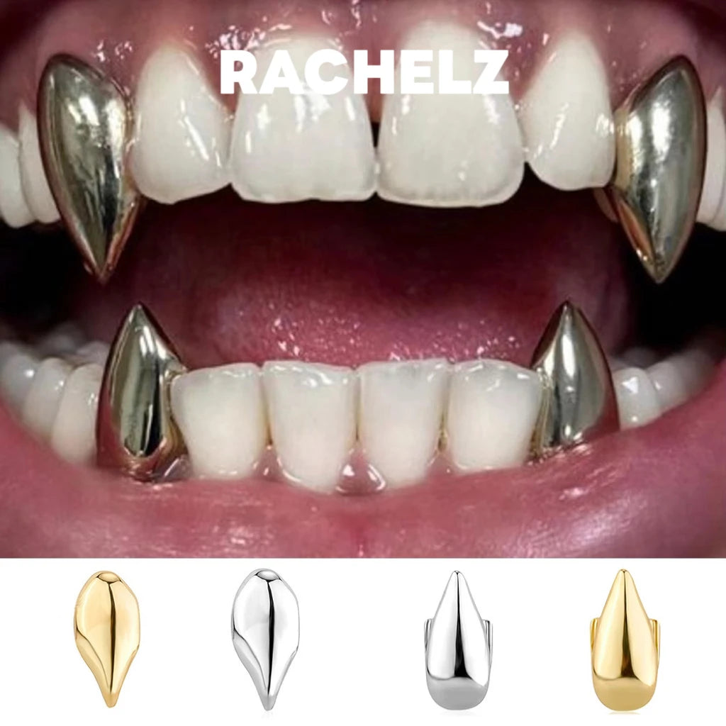 RACHELZ Hip Hop dientes individuales Grillz colmillos parte superior inferior Punk gorros de dientes brillantes para Mujeres Hombres Halloween vampiro Cosplay regalo