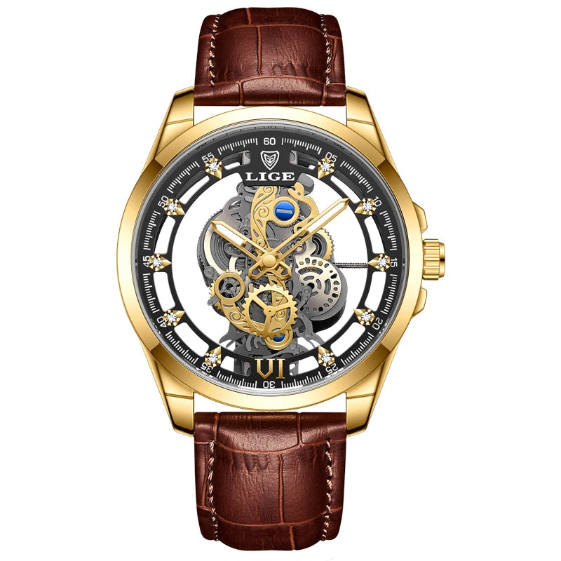 Reloj automático de cuarzo LIGE para hombre, reloj esqueleto dorado, reloj vintage para hombre, relojes de hombre de marca de lujo