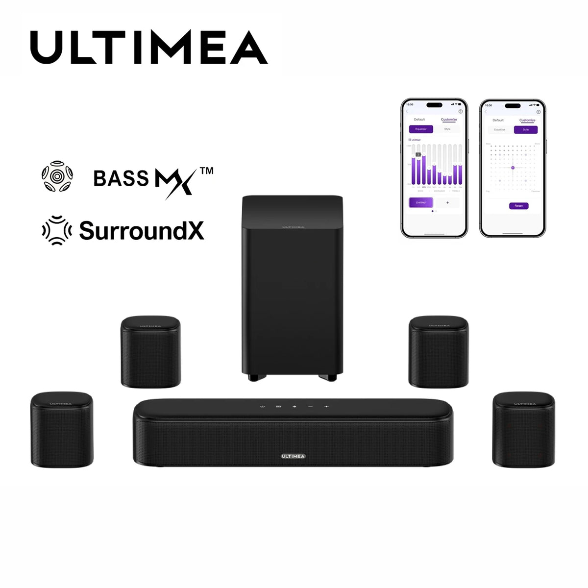 Barra de sonido envolvente virtual ULTIMEA  de 7.1 canales para TV, sistema de cine en casa de 330 W con subwoofer, 4 altavoces envolventes y control mediante aplicación.
