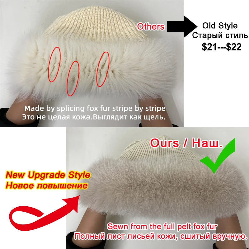 Nuevos y elegantes gorros para mujer, gorro de invierno cálido y esponjoso con hueso, gorro de piel de zorro Natural grueso y suave para exteriores, sombreros de cúpula para mujer