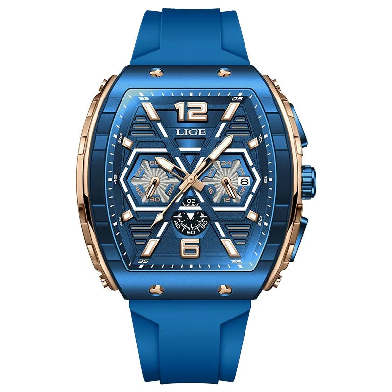 Reloj de pulsera LIGE para hombre, de cuarzo, cronógrafo deportivo, estilo casual, resistente al agua, con correa de silicona roja y caja tonel, Reloj Hombre