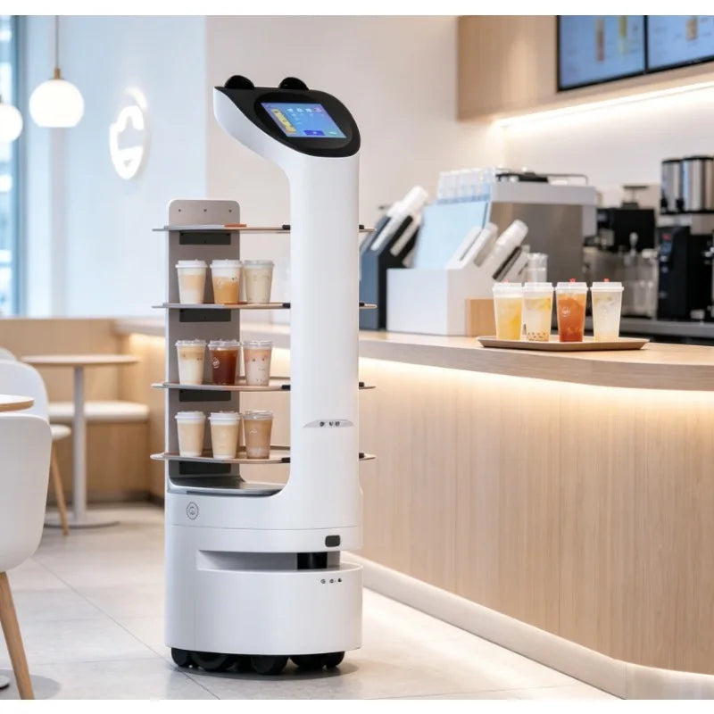 Robot repartidor autónomo blanco con pantalla y bandejas laterales para comida y bebidas