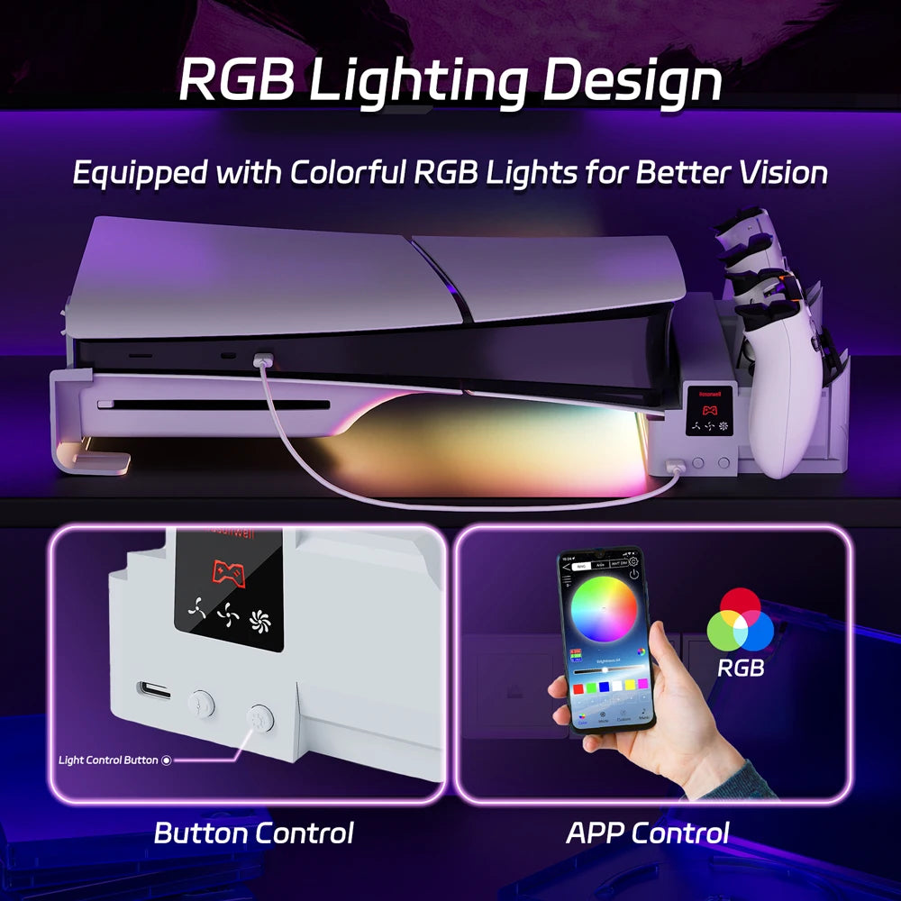 Base con iluminación RGB y controles; se ve botón de control y mando