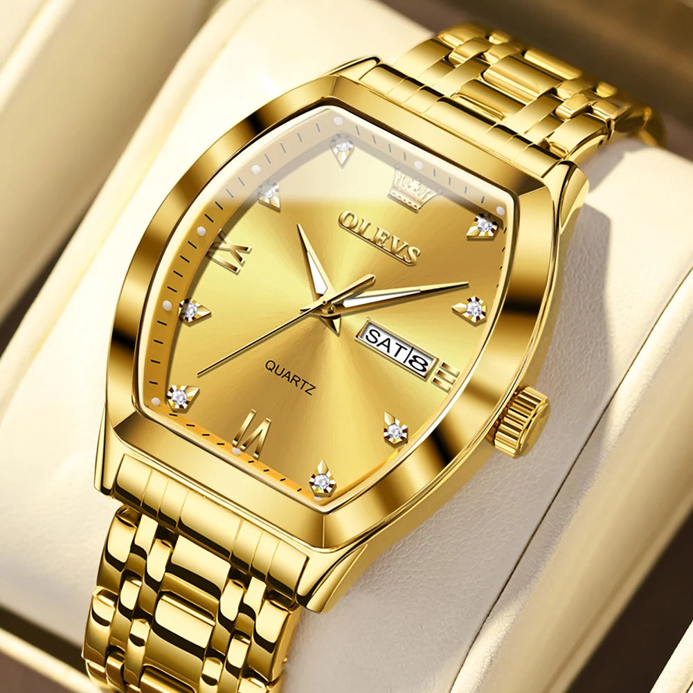 Reloj OLEVS para hombre, de lujo, tipo tonel, original, marca de alta gama, de cuarzo, resistente al agua, luminoso, con día y fecha, reloj de pulsera para caballero