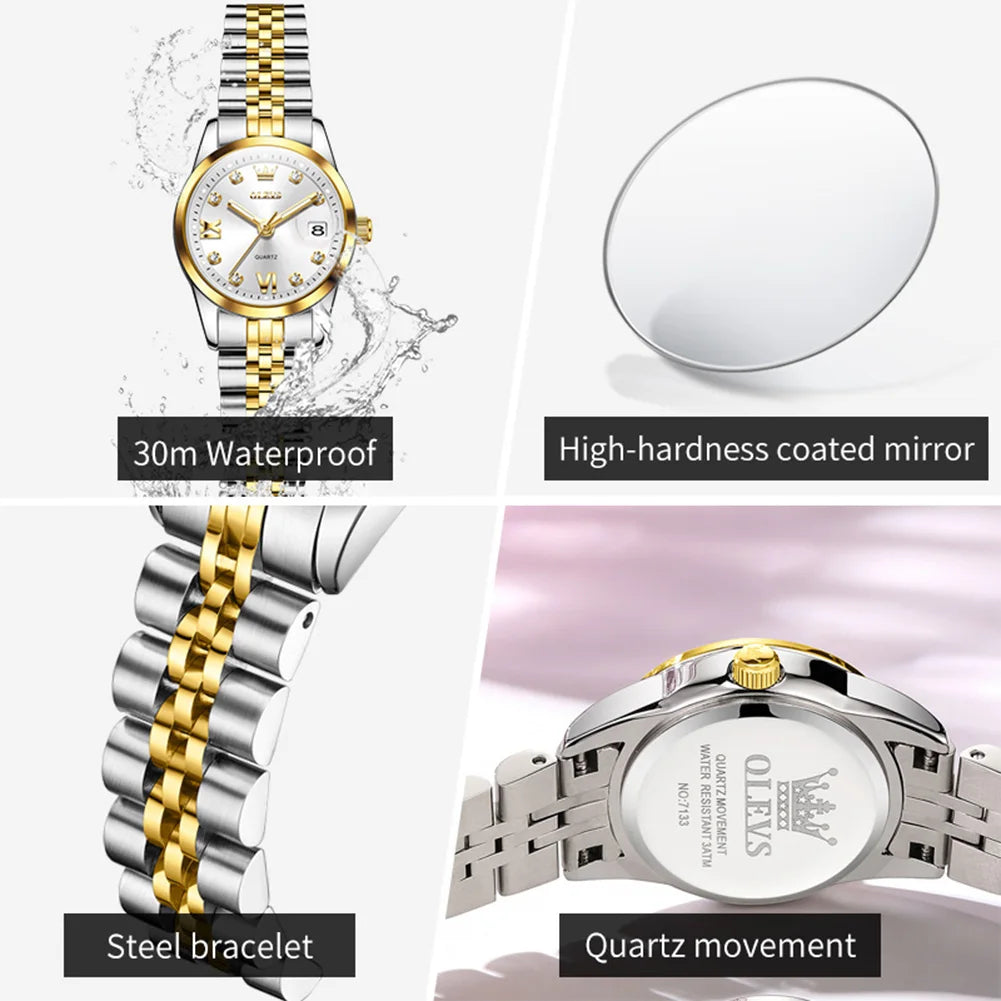 Reloj de pulsera para mujer OLEVS, clásico y elegante, de cuarzo original, acero inoxidable, resistente al agua, con calendario grande, luminoso, de lujo, modelo 7133