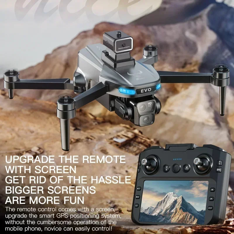 Dron gris con cámara dual y control remoto con pantalla, vista trasera de los mandos