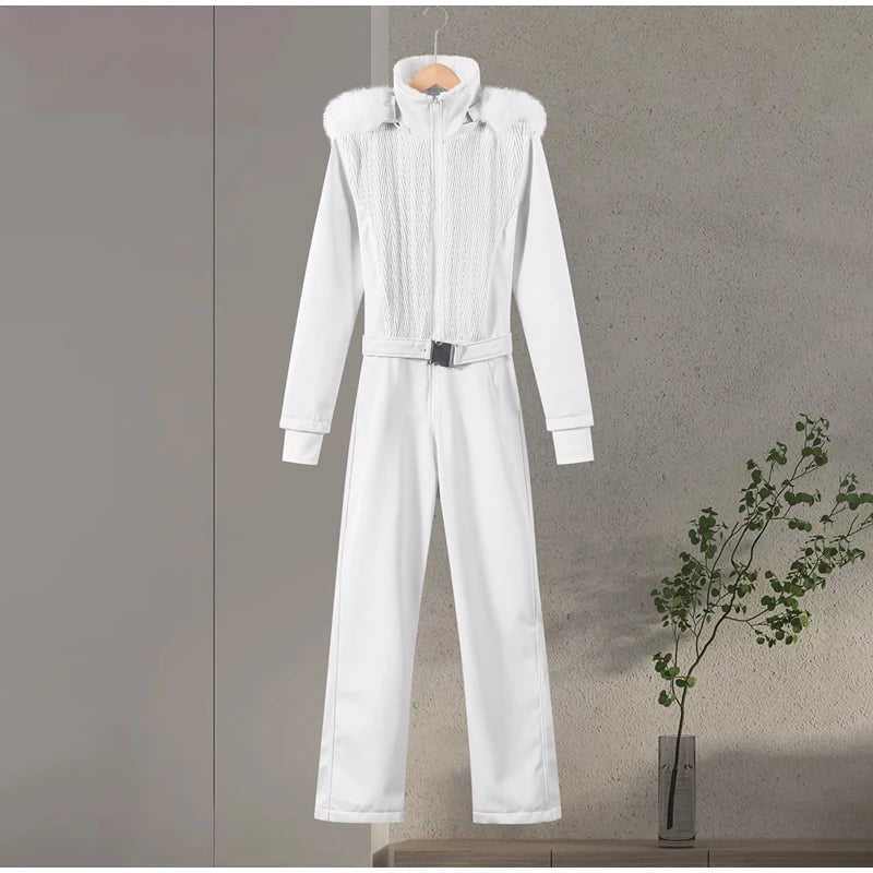 Traje de esquí casual con capucha y cuello de piel para mujer, abrigo con cinturón y cremallera, pantalón recto, monos, ropa de invierno 2025, ropa exterior sólida para damas.