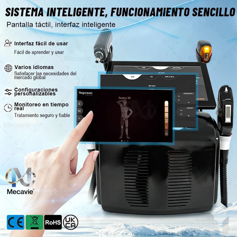 Depilación Láser Soprano Titanium Ice 6000W 4 en 1, Última Tecnología  755/808/810/830/940/1064nm 6 Ondas ND:YAG+RF+IPL Indolora