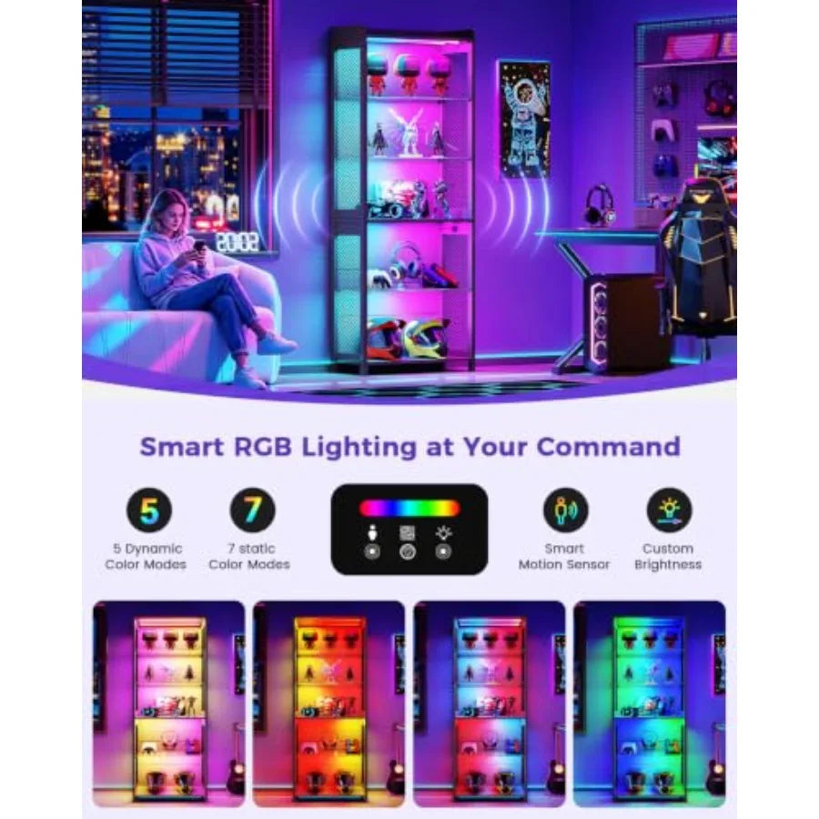Gabinete de exhibición con estantes de vidrio y luces LED RGB con panel de control.
