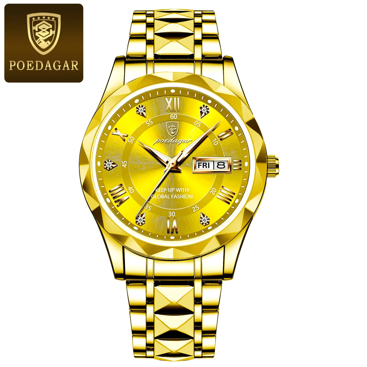 POEDAGAR Reloj de pulsera de cuarzo de lujo para hombre, a la moda, luminoso, resistente al agua, con fecha y día, de acero inoxidable, para negocios
