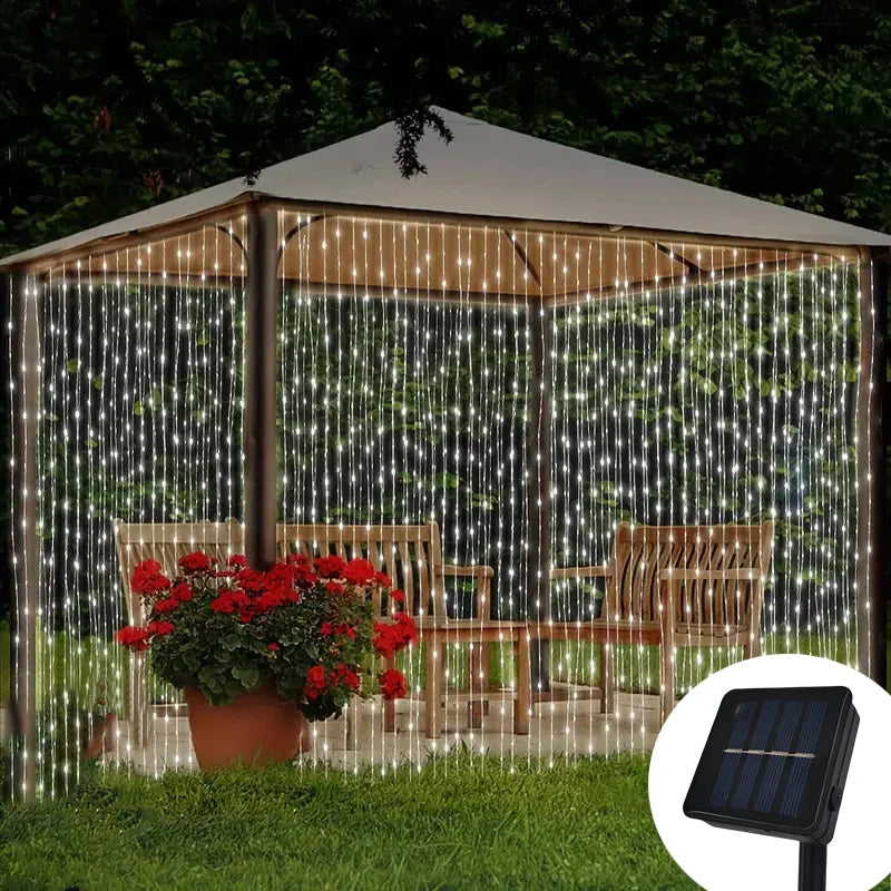 Cortina de luces LED solares impermeables para exteriores, 600 LED, guirnalda decorativa, luces de cadena para patio, Navidad, bodas, fiestas, terraza y jardín
