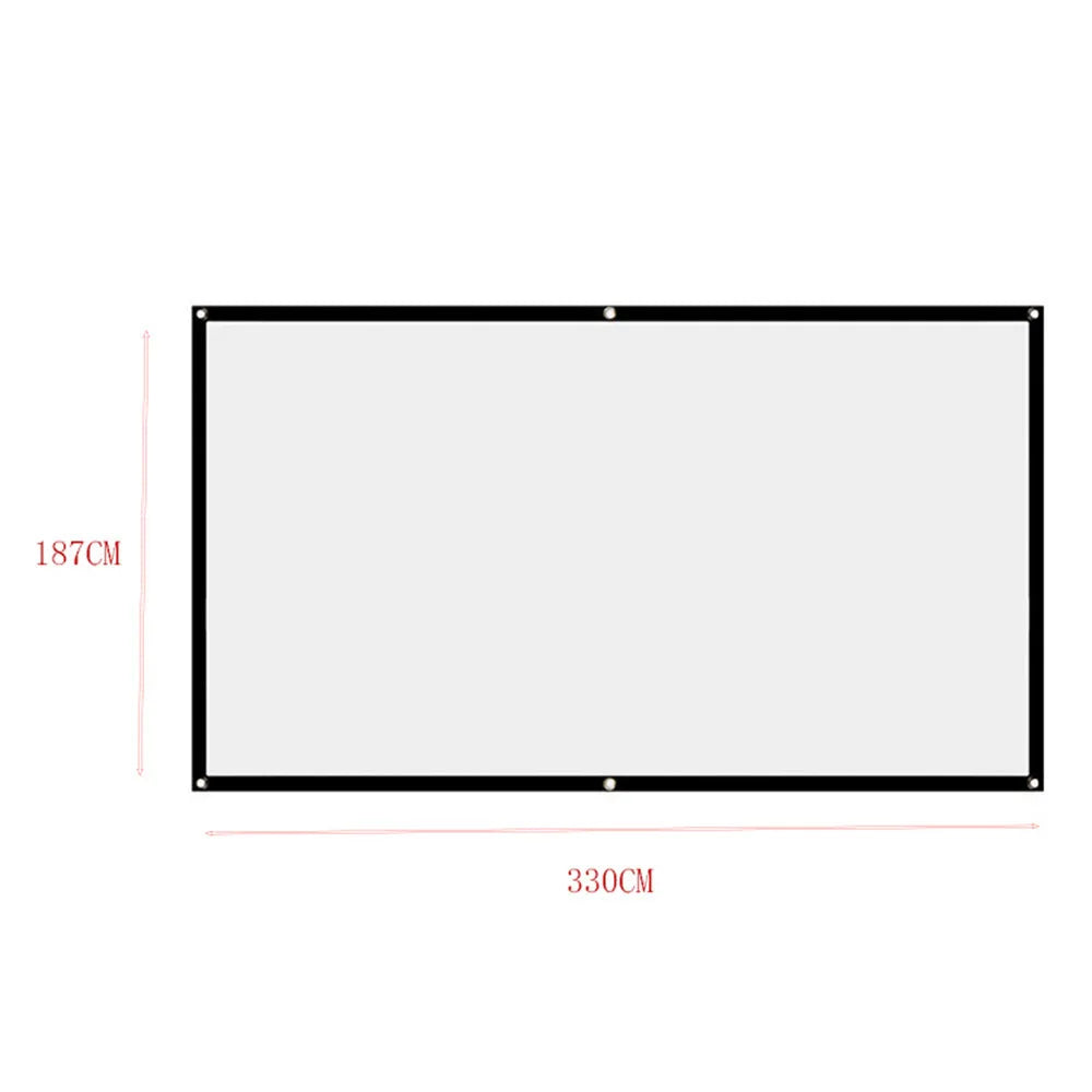 Pantalla de proyección rectangular con marco negro y dimensiones 187 x 330 cm