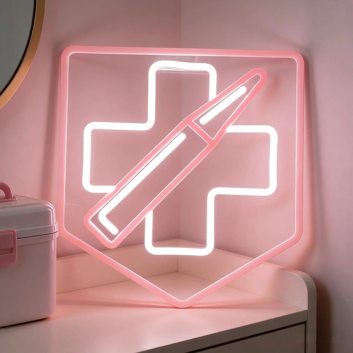 Señal de neón para pared de videojuego con emblema rojo y blanco, luz encendida