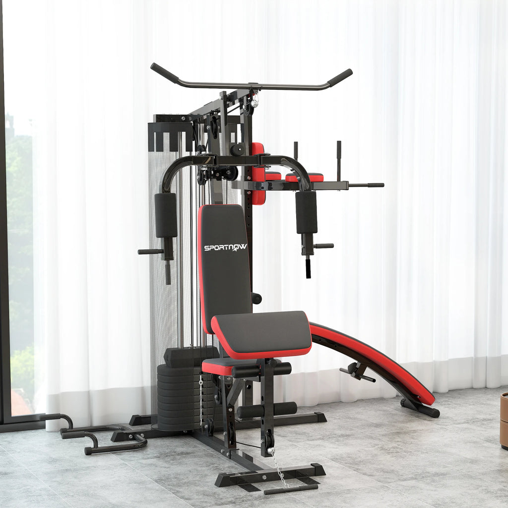 Estación de entrenamiento multifuncional para gimnasio, con un conjunto de pesas de 65 kg, que incluye todo lo necesario para un gimnasio en casa: banco para abdominales, soporte para flexiones y estación para ejercicios de