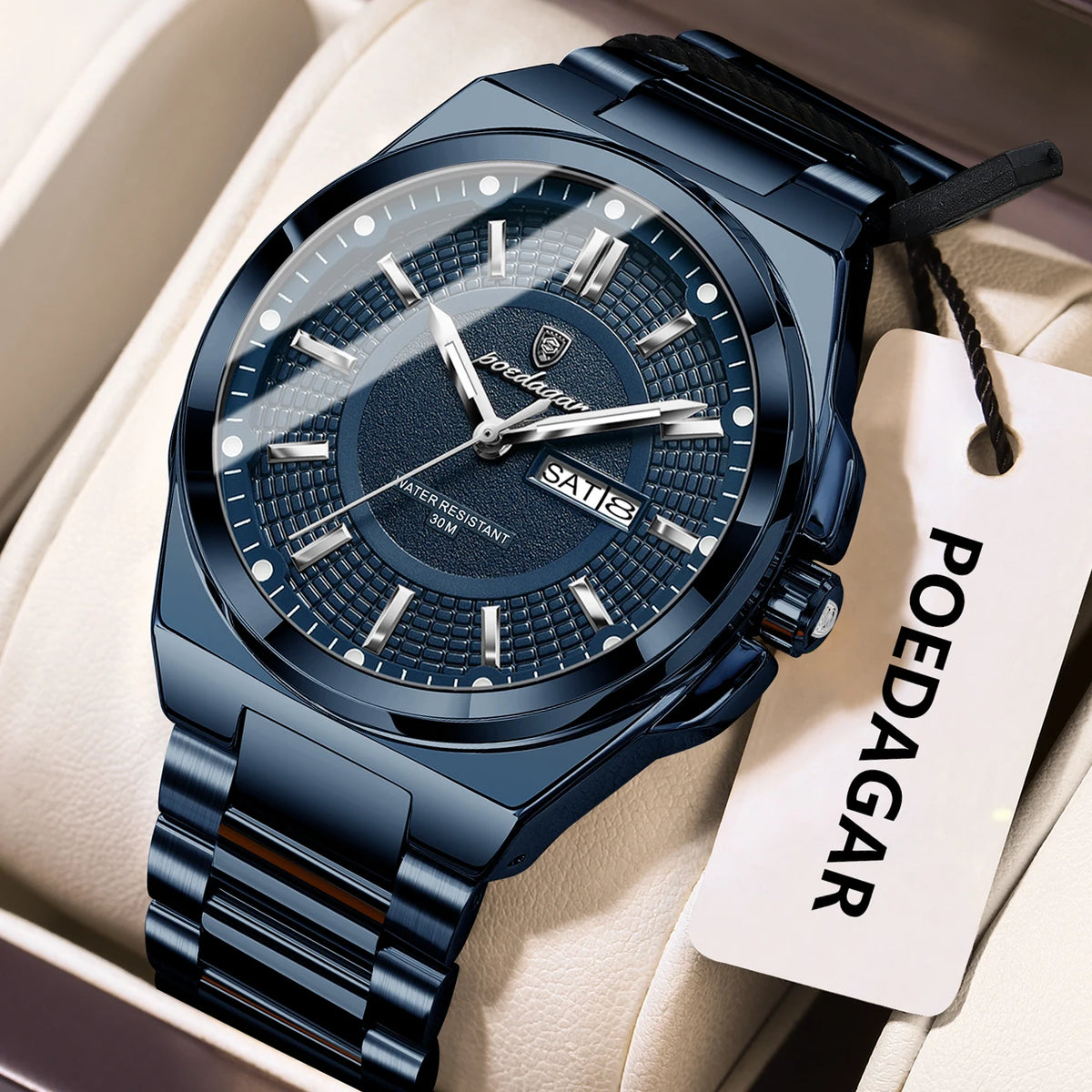 Reloj de pulsera deportivo original POEDAGAR para hombre, de cuarzo, fecha, semana, de lujo, resistente al agua, luminoso, de acero inoxidable