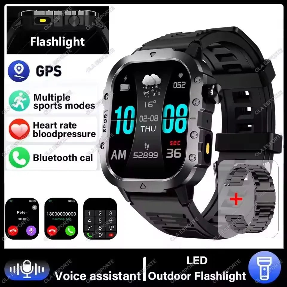 Reloj inteligente militar 2026 para hombre, 3ATM, deportivo para exteriores, rastreador de actividad física, monitor de presión arterial y salud, llamada BT, reloj inteligente con GPS