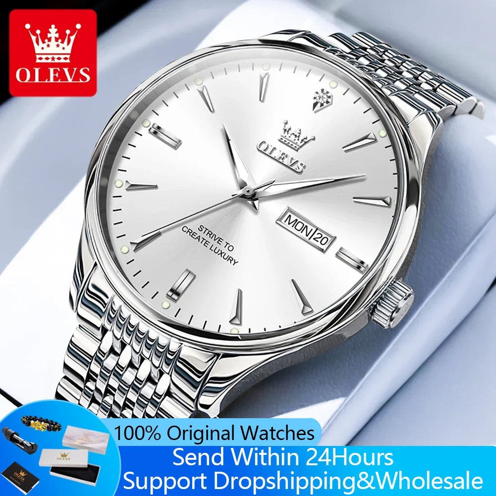 Reloj de cuarzo para hombre OLEVS 2929 original, impermeable, de negocios, con correa de acero, doble calendario, luminoso y de moda para hombre