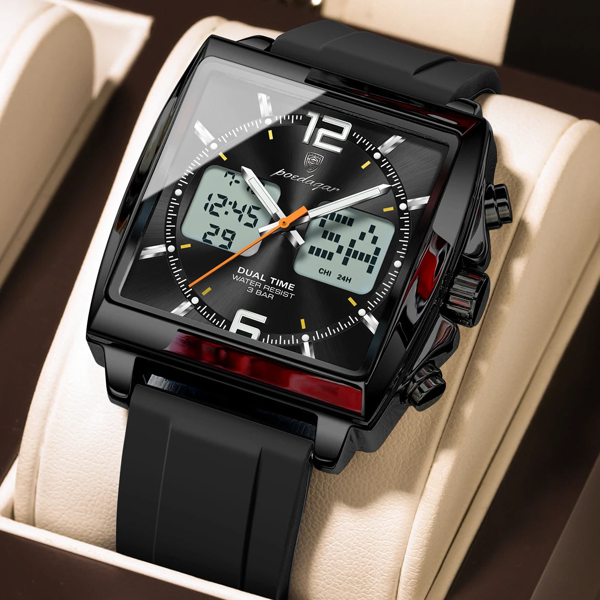 POEDAGAR Top Sports Men Watch Electronic LED Alarm Chronograph Man Watch Week Date Dual Time Quartz Business Men's Watches Reloj