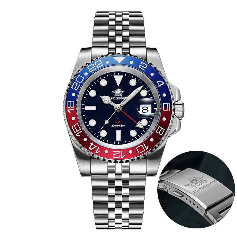 ADDIESDIVE AD2050 Reloj GMT para hombre, cuarzo suizo Ronda 515-24, luminiscencia BGW9, resistente al agua 200m, acero inoxidable 316L