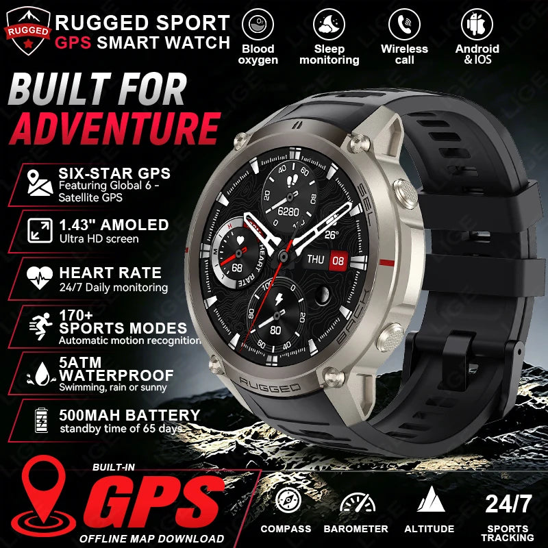 Reloj inteligente GPS 2026 para hombre, 5ATM resistente al agua, más de 170 deportes, mapa sin conexión, brújula, altímetro, pantalla AMOLED, llamadas Bluetooth, reloj inteligente para exteriores