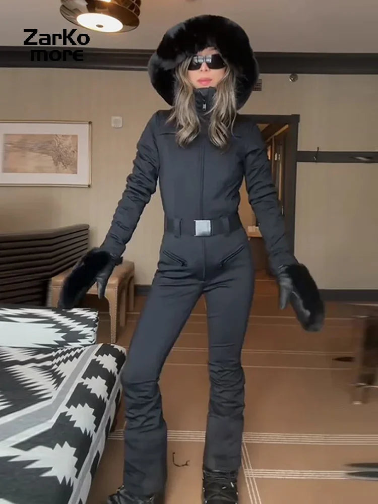 Mono de esquí con capucha para mujer, cuello alto, cremallera, cintura alta, cortavientos, ropa de abrigo, invierno 2026, novedad en ropa de esquí para mujer