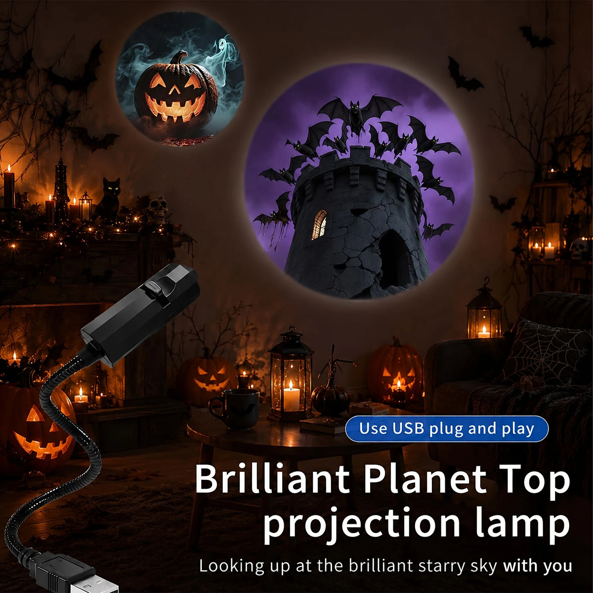 Lámpara de proyección LED USB para Halloween, 3/6 piezas, luz con patrones de fantasma y esqueleto, luz nocturna, luz de ambiente navideño, decoración festiva