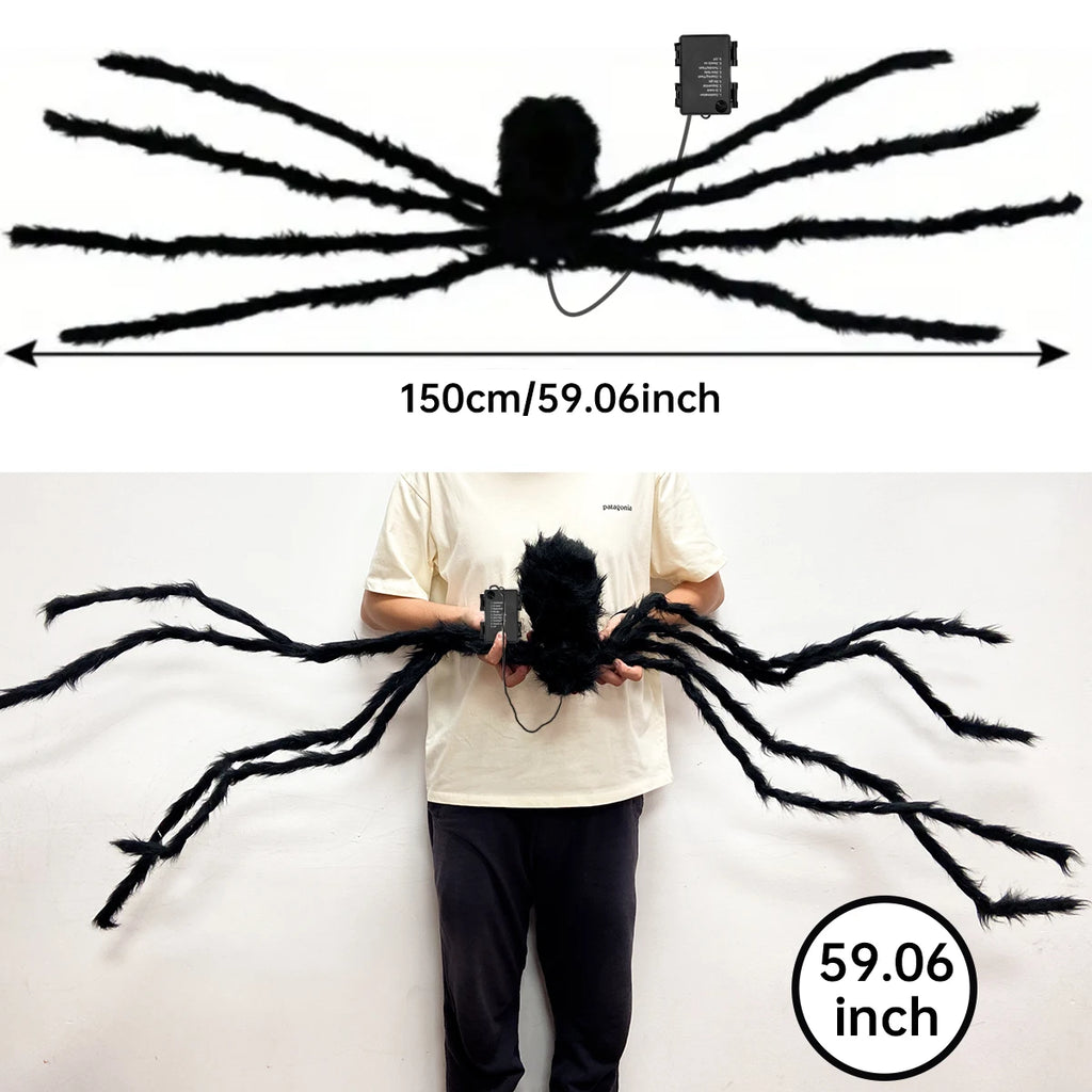1 pieza de araña gigante luminosa de Halloween, negra y peluda, con luz LED morada, alimentada por batería, 8 modos de iluminación, para decoración de porches interiores y exteriores.