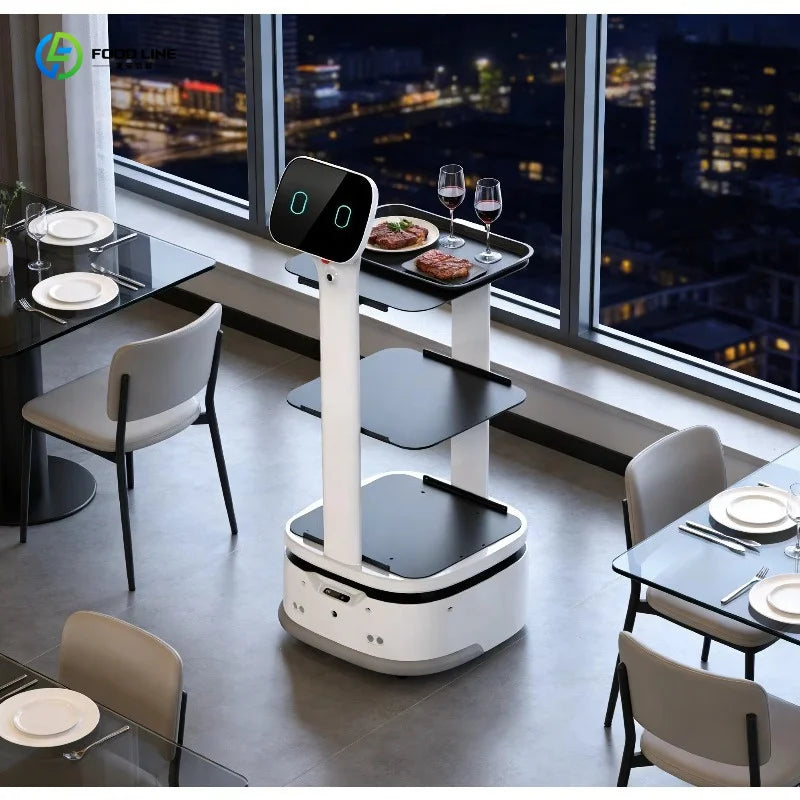 Robot repartidor blanco con dos bandejas y base móvil, transportando platos