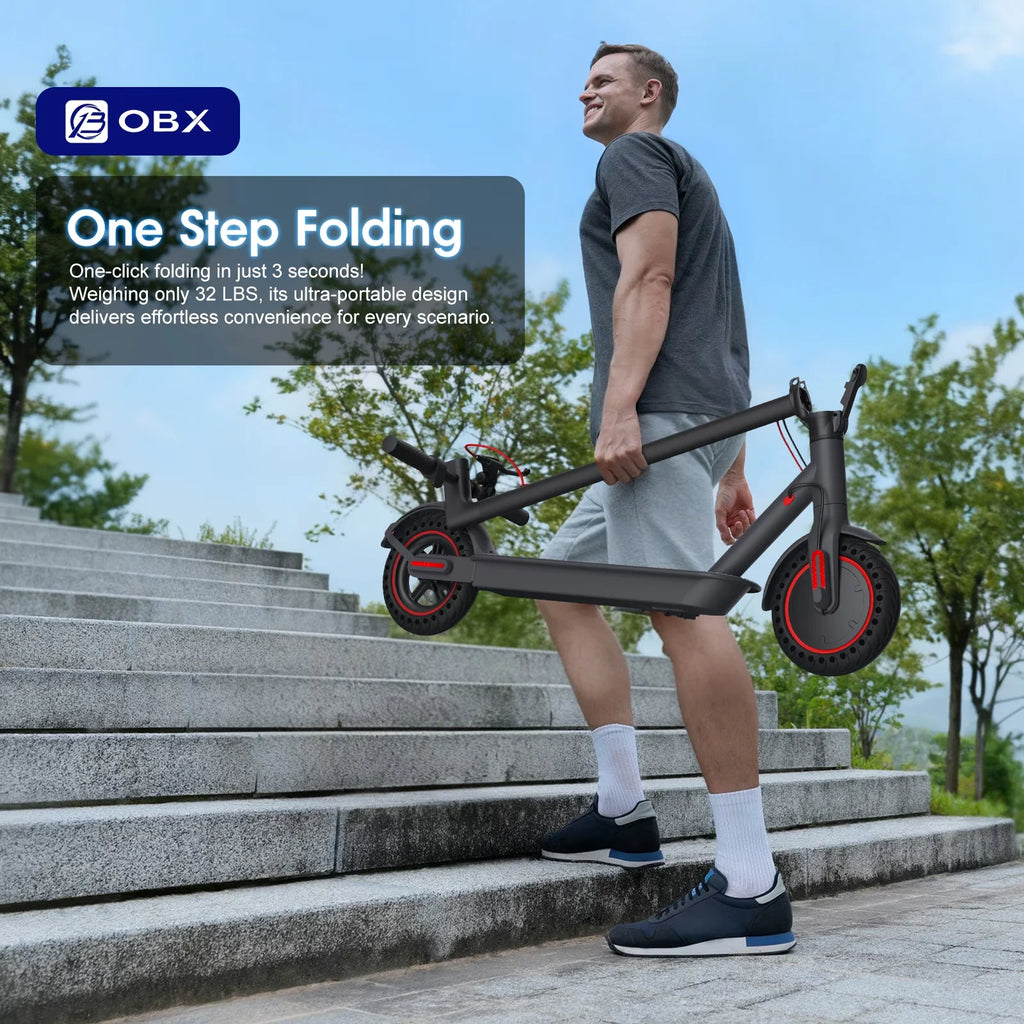 Patineta eléctrica plegable negra con ruedas de aro rojo y manillar plegable para guardar