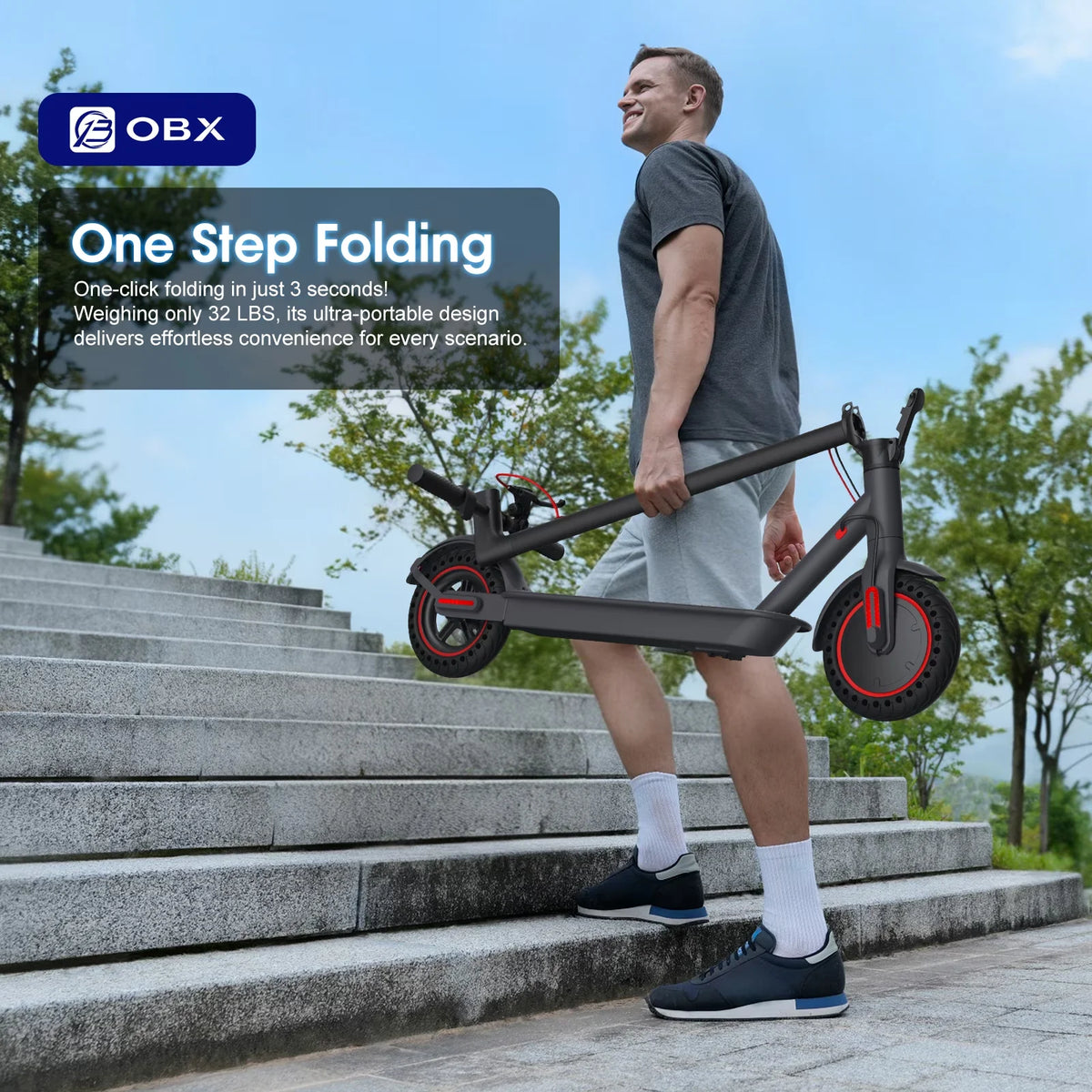 Patineta eléctrica plegable negra con ruedas de aro rojo y manillar plegable para guardar