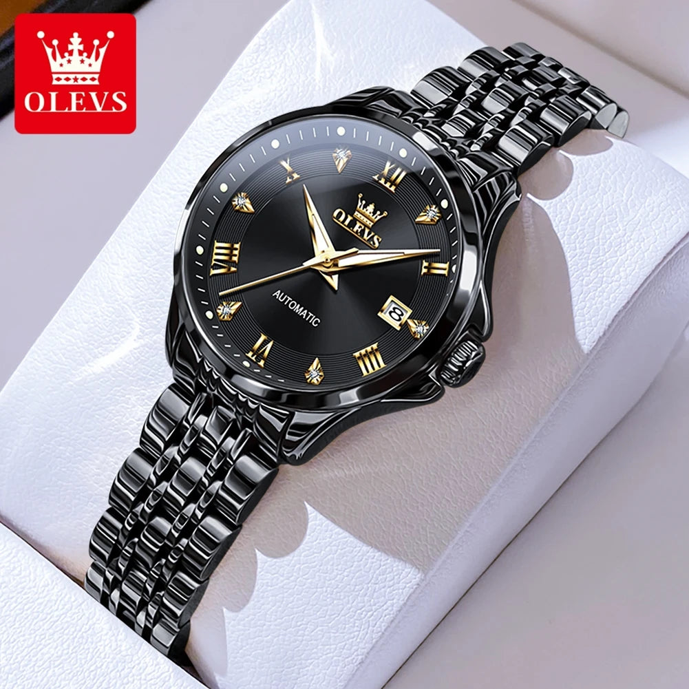Reloj mecánico para mujer OLEVS, correa de acero inoxidable, calendario, reloj de pulsera de lujo para dama, reloj automático original para mujer 6702