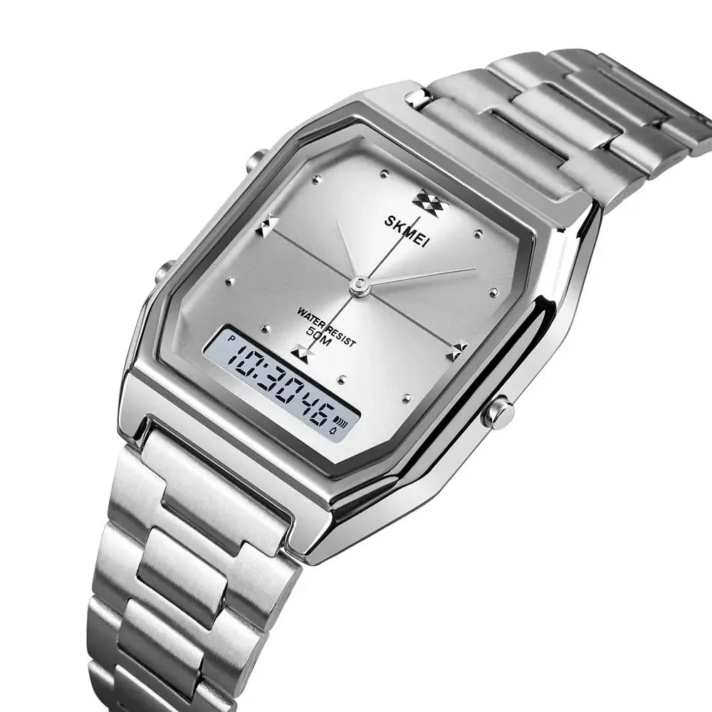 SKMEI Luxury Quartz Watch for Woman Square Steel Waterproof Double Time Sport Leisure Digital Girl Wristwatches Women Clock 1612