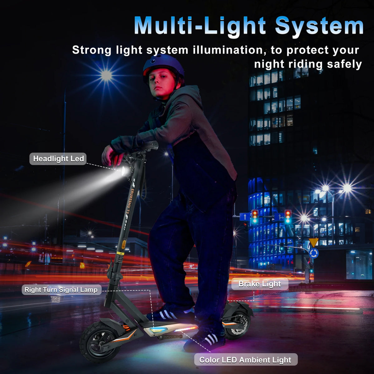 Patinete eléctrico con luces LED multicolor y freno trasero iluminado