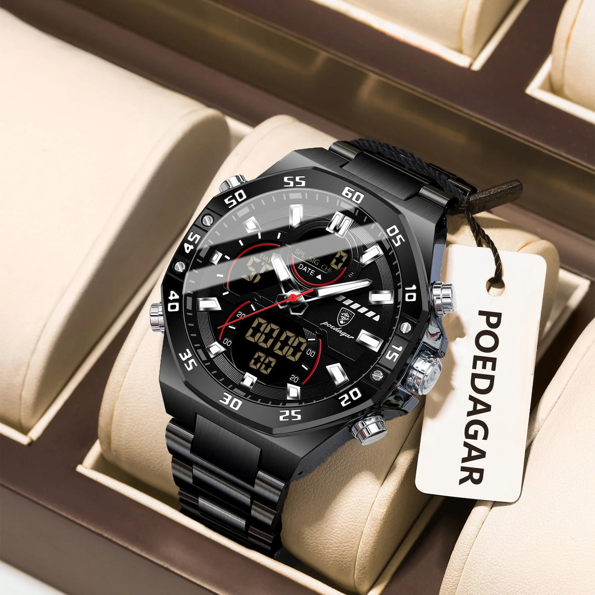 Reloj para hombre POEDAGAR de cuarzo, LED, luminoso, resistente al agua, con fecha y día, de acero inoxidable, a la moda, militar, digital.