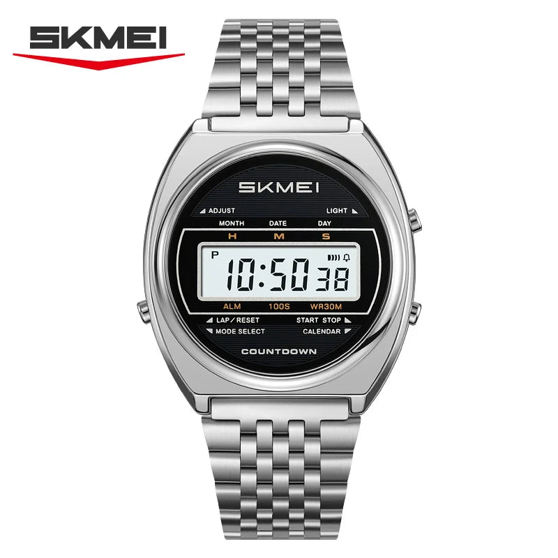 Reloj digital de lujo SKMEI 2653 para hombre, acero inoxidable, resistente al agua, cronómetro, temporizador de cuenta regresiva, luz EL, resistente a los golpes