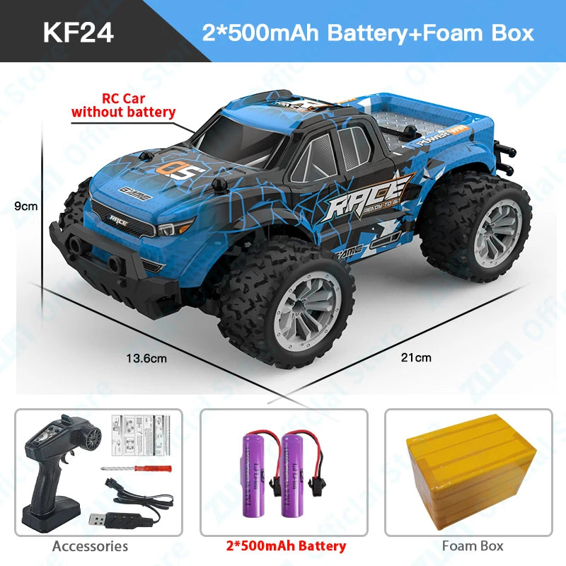 Coche RC todoterreno azul con ruedas grandes y luces LED frontales