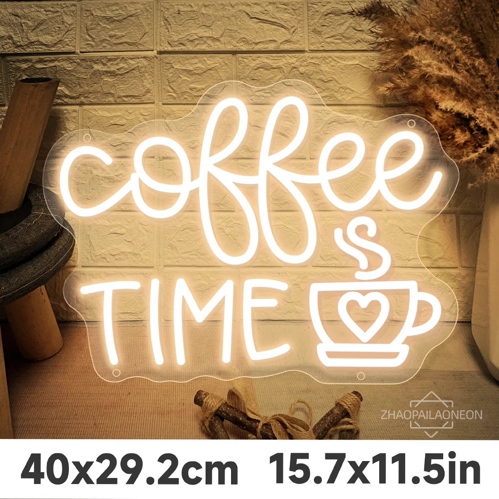Letrero neón LED «COFFEE TIME» con taza y corazón, blanco cálido