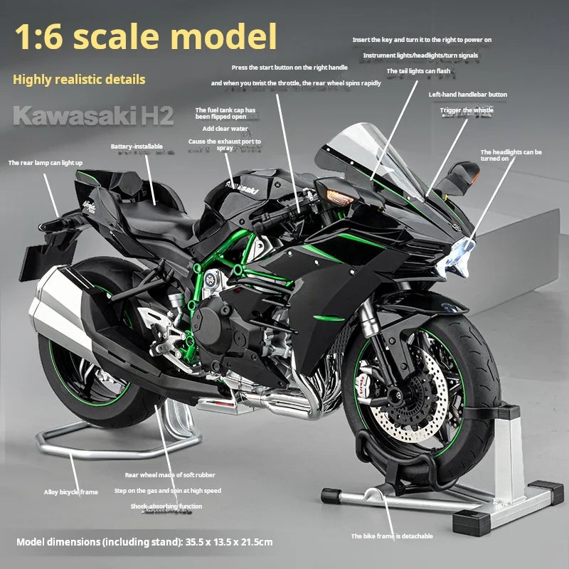 1:6 Remote Start Extra Large Spray Kawasaki H2R Motorcycle Model H2 Alloy Locomotive Officially Licensed Toy Model Decoration