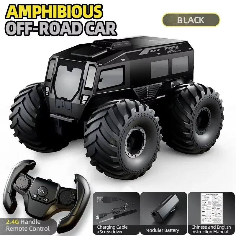 Coche RC anfibio todoterreno negro con mando, neumáticos grandes y ruedas de tacos
