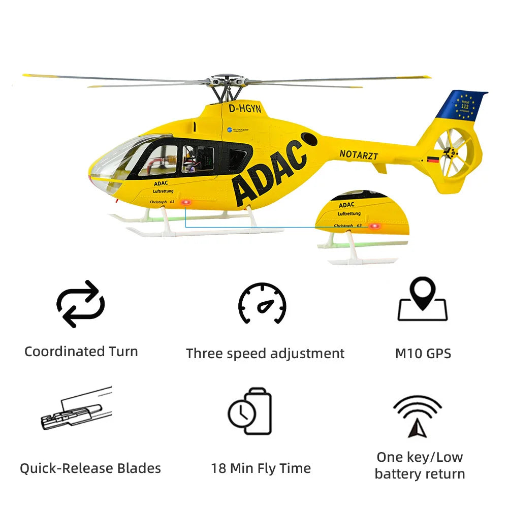 Helicóptero RC FLYWING EC135 con Luz LED, Control de Vuelo ACE, Helicóptero a Escala EC135, Tamaño 470, Helicópteros RC de 4 Aspas y 6 Canales