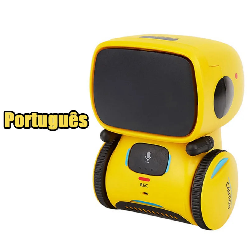 Robot educativo amarillo con pantalla negra y micrófono, control por voz y tacto