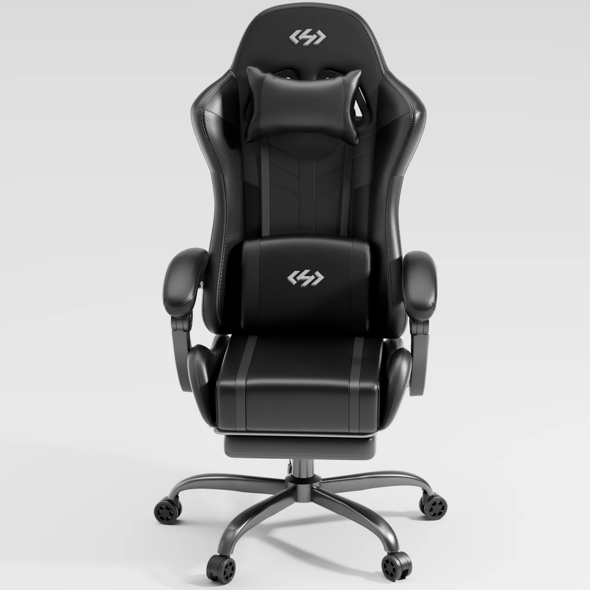 Silla gaming ergonómica negra con reposacabezas y soporte lumbar, vista trasera