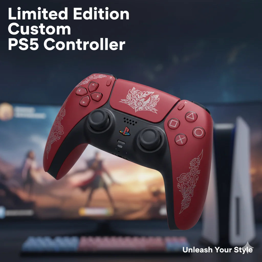 Carcasa de mando PS5 DualSense roja con grabado blanco y botones del lado derecho.