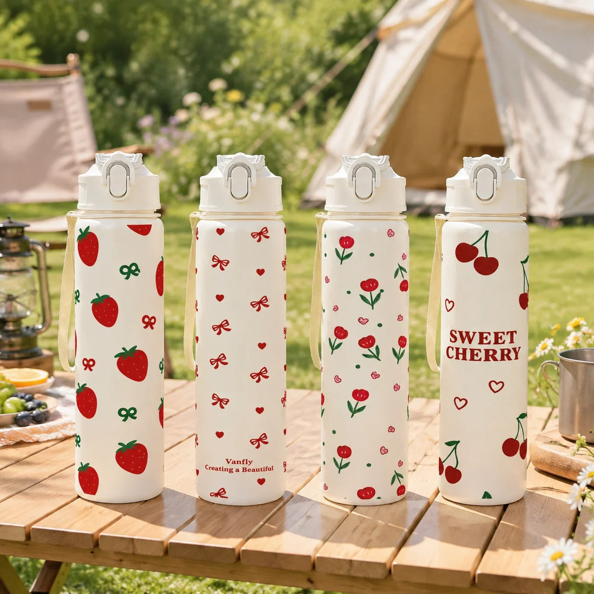 Vaso de 750 ml con diseño de fresa, cereza y lazo, base blanca pura, taza con pajita de alta calidad para deportes