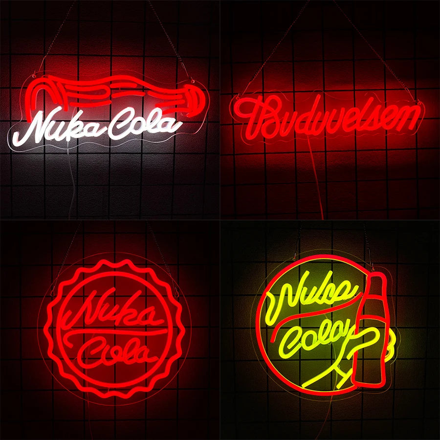 Señal de neón LED Nuka Cola con letras rojas y blancas, colgante