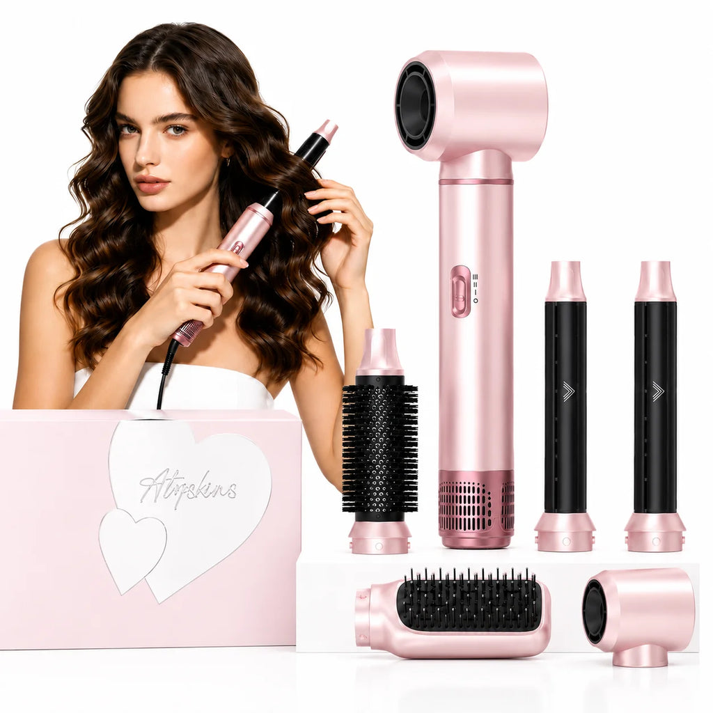 Secador de pelo 5 en 1 ATOPSKINS, color rosa: peine multifuncional para rizar el cabello, con función de peinado y rizado mediante aire caliente.